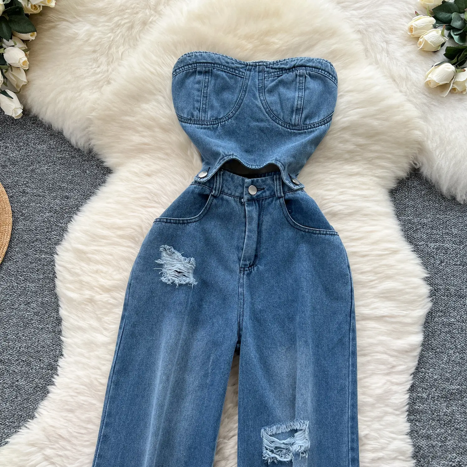 Denim Jumpsuits Women One Piece Strapless Sleeveless Overalls Long Pants High Waist Rompers Y2k Streetwear Mom Jeans 2025