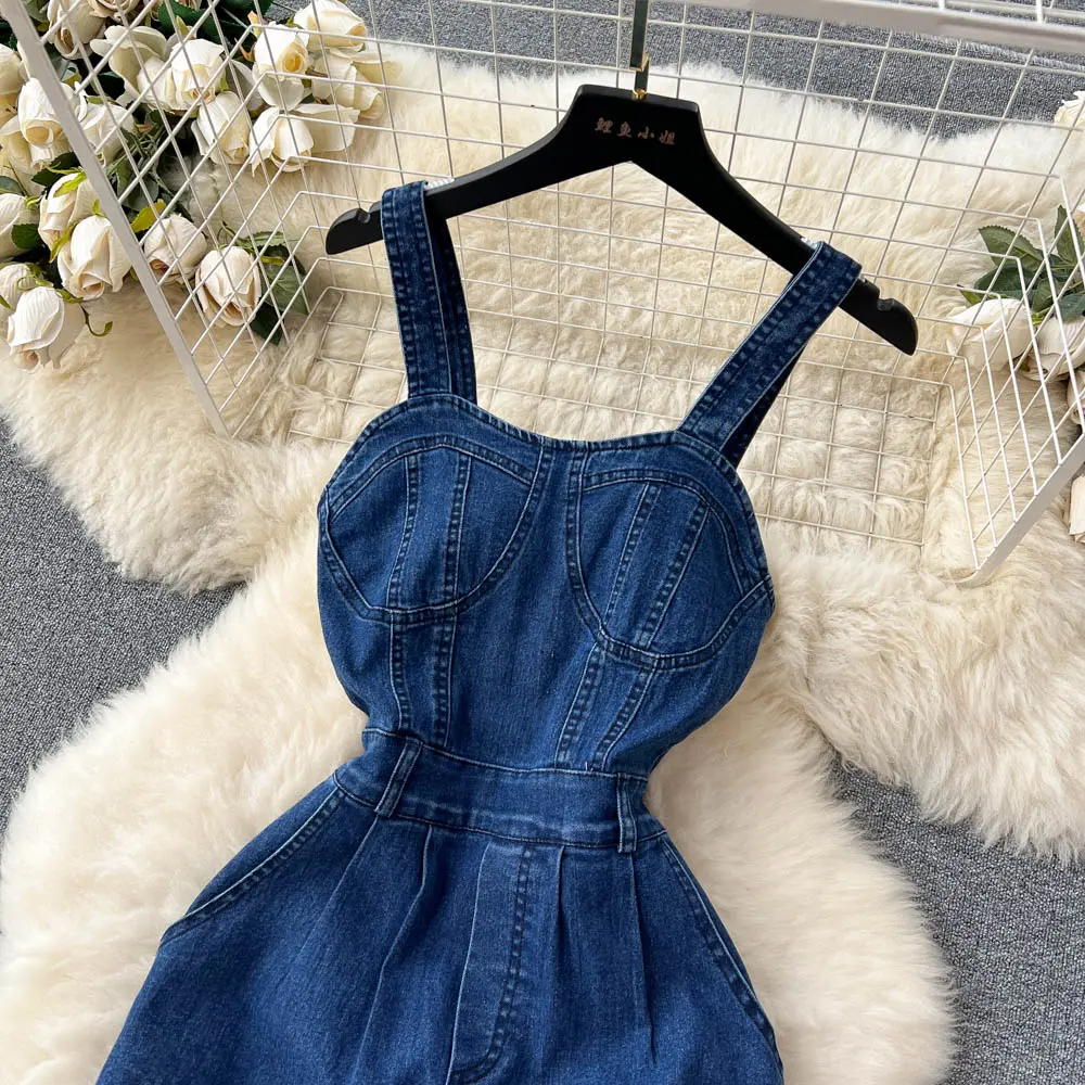 Denim Jumpsuits Women One Piece Sling Mom Jeans Elegant Overalls Wide Leg Long Pants Rompers Y2k Streetwear Jumpsuit High Waist