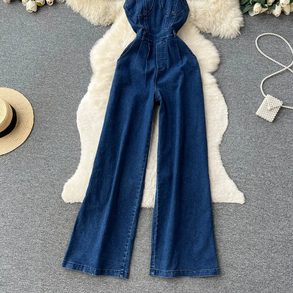 Denim Jumpsuits Women One Piece Sling Mom Jeans Elegant Overalls Wide Leg Long Pants Rompers Y2k Streetwear Jumpsuit High Waist
