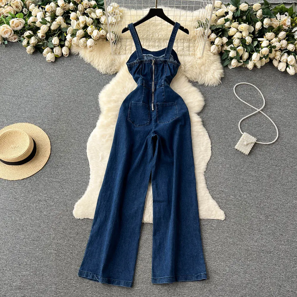 Denim Jumpsuits Women One Piece Sling Mom Jeans Elegant Overalls Wide Leg Long Pants Rompers Y2k Streetwear Jumpsuit High Waist