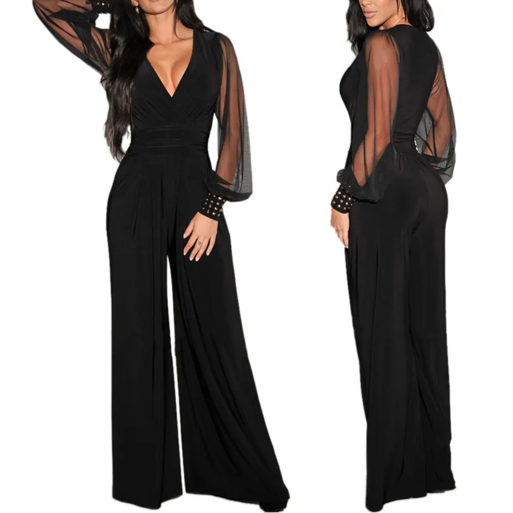 Elegant Women's Jumpsuit Slim Feather V Neck Tops Sexy Long Sleeve Gauze Female Overalls Ladies Evening Party Romper for 2022