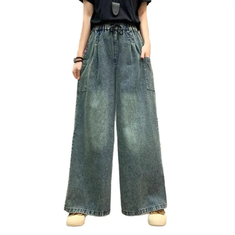 Denim Pant Women Mom Jeans Long Pants Casual Loose High Waist Club Straight Trousers Y2k Streetwear Elegant Splice Spring 2025