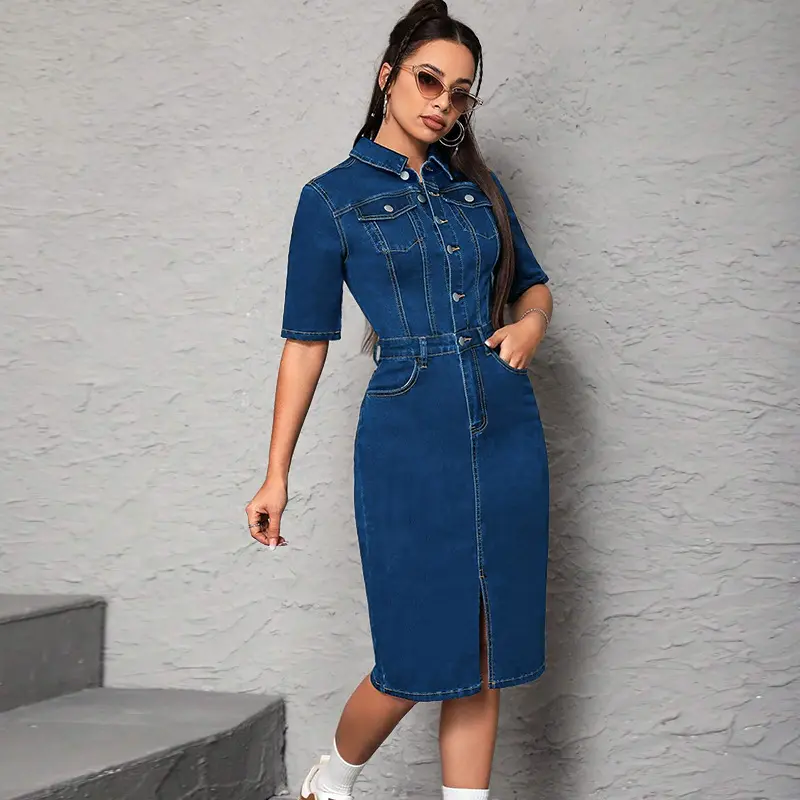 Knee Length Dress Women Denim Dresses Mom Jeans Short Sleeve Vestidos High Waist Elegant Splice Y2k Streetwear Party Club