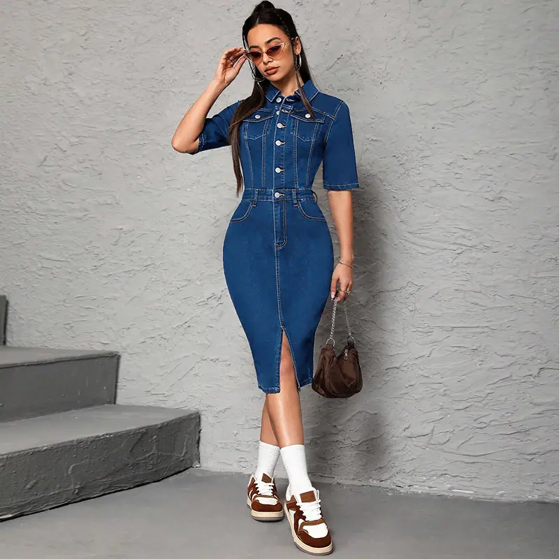 Knee Length Dress Women Denim Dresses Mom Jeans Short Sleeve Vestidos High Waist Elegant Splice Y2k Streetwear Party Club