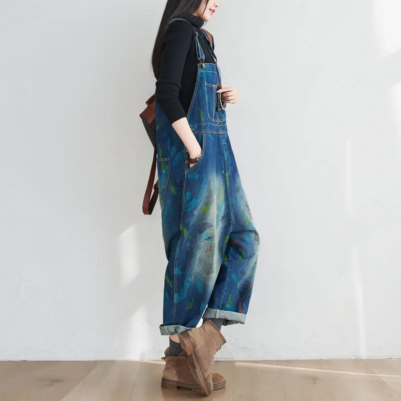 Washed Print Overalls Distressed Women Wide Leg Denim Pants Ankle Length Jean Loose Vintage Jeans Spliced One Piece Casual