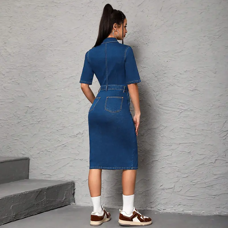 Knee Length Dress Women Denim Dresses Mom Jeans Short Sleeve Vestidos High Waist Elegant Splice Y2k Streetwear Party Club