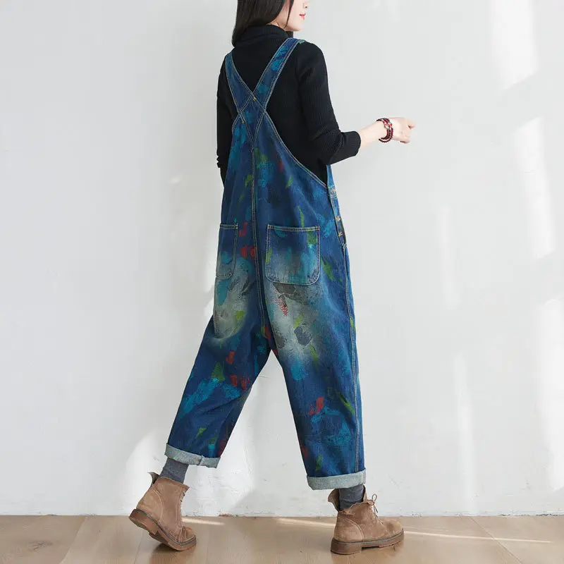 Washed Print Overalls Distressed Women Wide Leg Denim Pants Ankle Length Jean Loose Vintage Jeans Spliced One Piece Casual