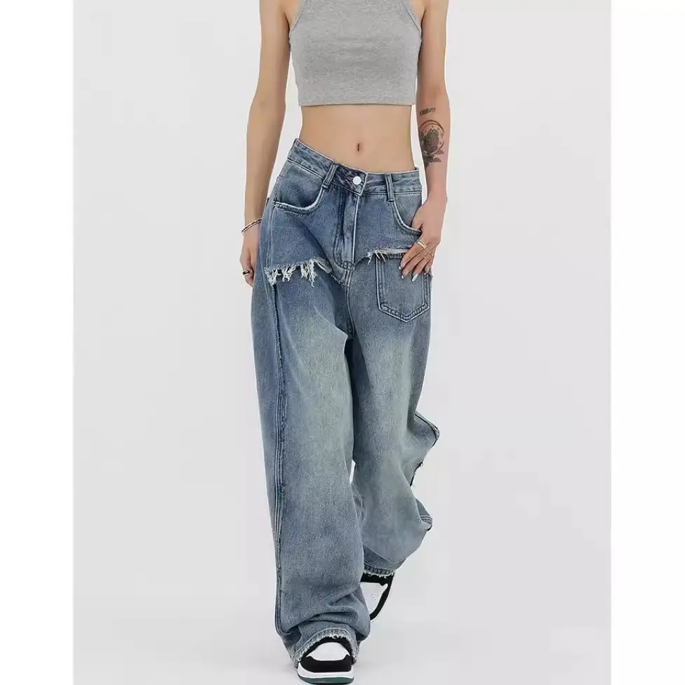 Long Pants Denim Women Pant Mom Jeans Wide Leg High Waist Straight Trousers Streetwear Casual Loose Splice Y2k Vintage Jeans
