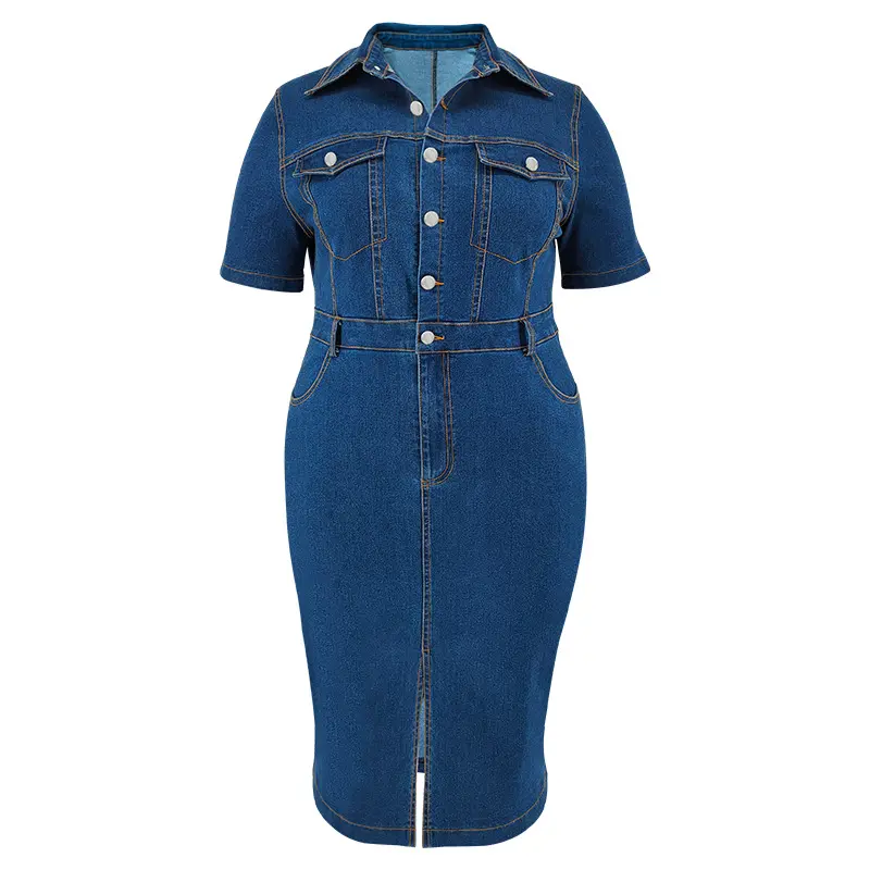 Knee Length Dress Women Denim Dresses Mom Jeans Short Sleeve Vestidos High Waist Elegant Splice Y2k Streetwear Party Club