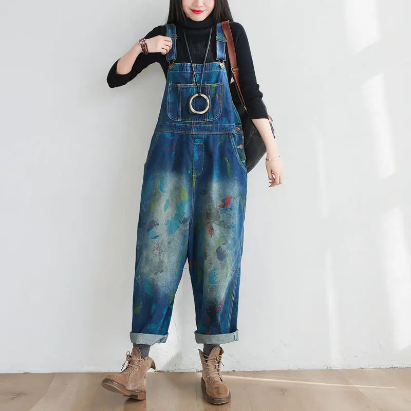 Washed Print Overalls Distressed Women Wide Leg Denim Pants Ankle Length Jean Loose Vintage Jeans Spliced One Piece Casual