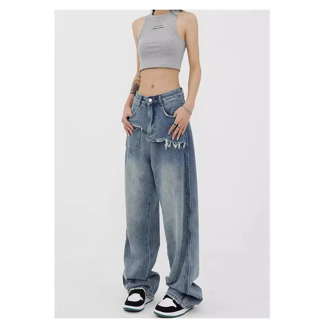 Long Pants Denim Women Pant Mom Jeans Wide Leg High Waist Straight Trousers Streetwear Casual Loose Splice Y2k Vintage Jeans