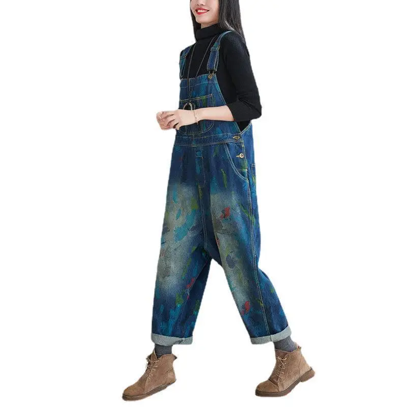 Washed Print Overalls Distressed Women Wide Leg Denim Pants Ankle Length Jean Loose Vintage Jeans Spliced One Piece Casual