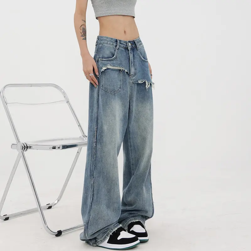 Long Pants Denim Women Pant Mom Jeans Wide Leg High Waist Straight Trousers Streetwear Casual Loose Splice Y2k Vintage Jeans