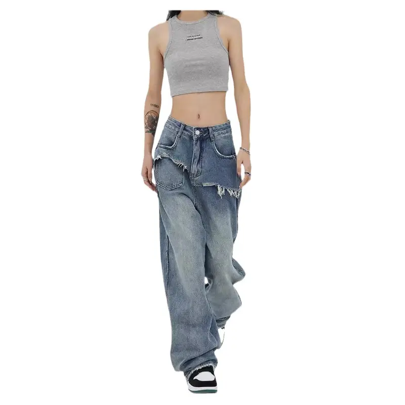 Long Pants Denim Women Pant Mom Jeans Wide Leg High Waist Straight Trousers Streetwear Casual Loose Splice Y2k Vintage Jeans