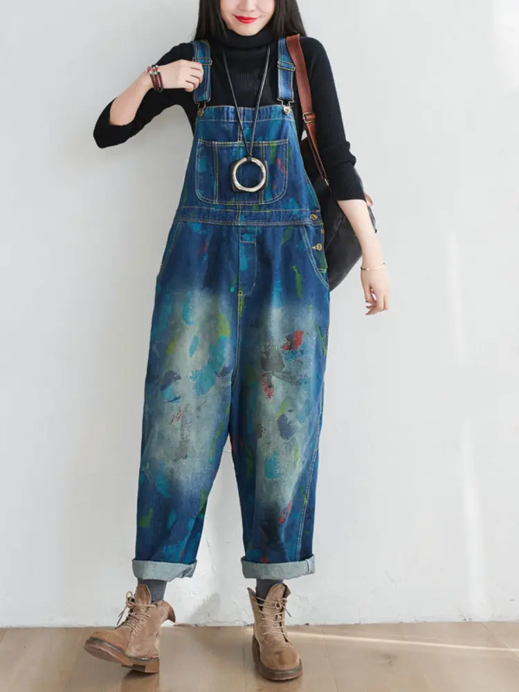 Washed Print Overalls Distressed Women Wide Leg Denim Pants Ankle Length Jean Loose Vintage Jeans Spliced One Piece Casual