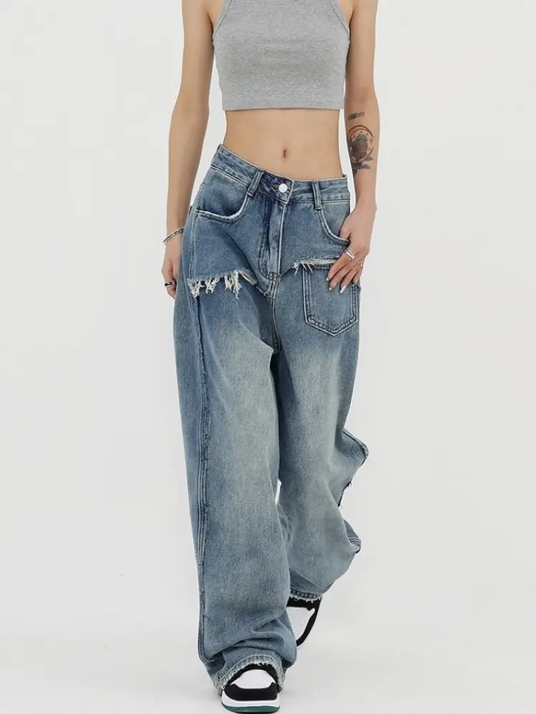 Long Pants Denim Women Pant Mom Jeans Wide Leg High Waist Straight Trousers Streetwear Casual Loose Splice Y2k Vintage Jeans