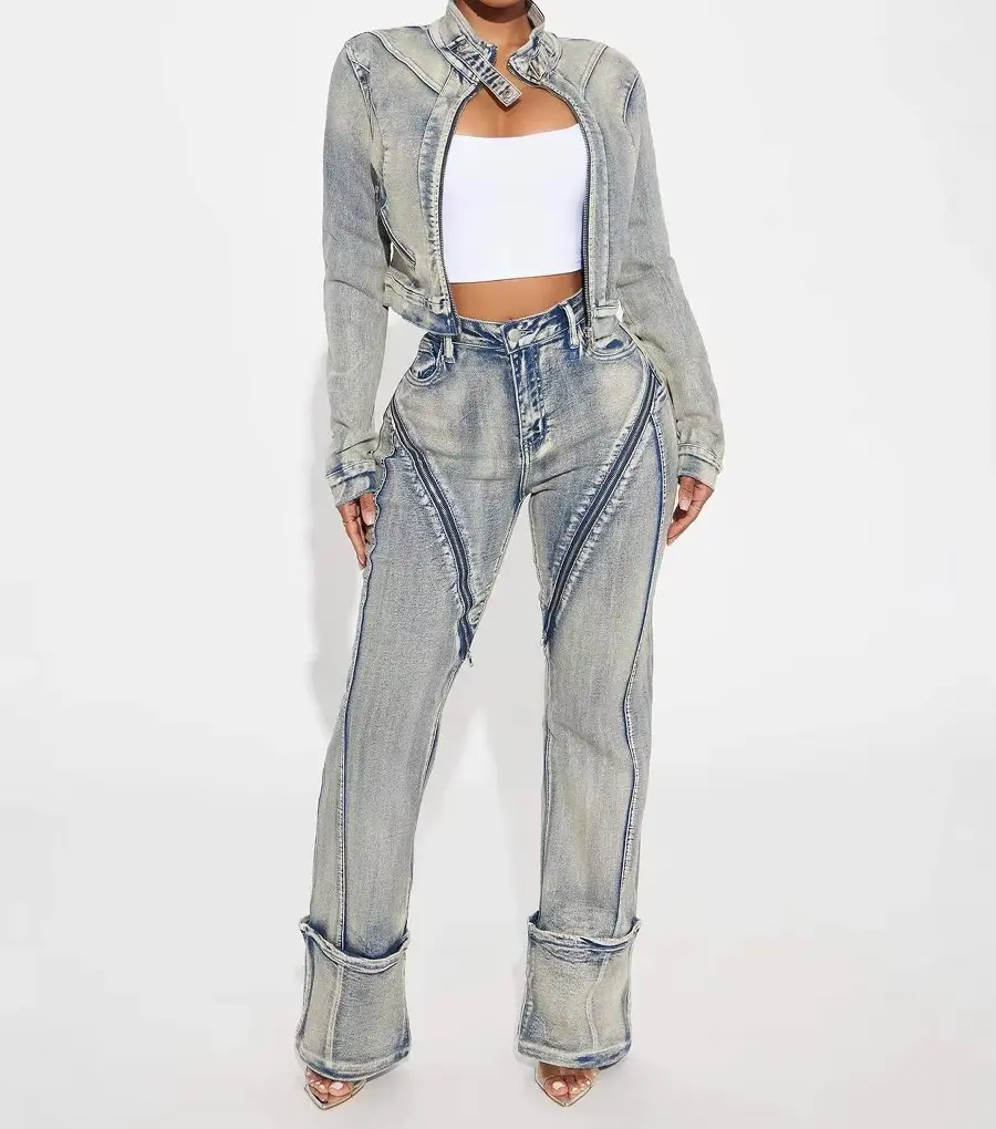 Denim Jacket Suit Women Streetwear Two Piece Sets Coat Zipper Pants Set Straight Jeans Washed Stretch Y2k 2025 Mom Jeans
