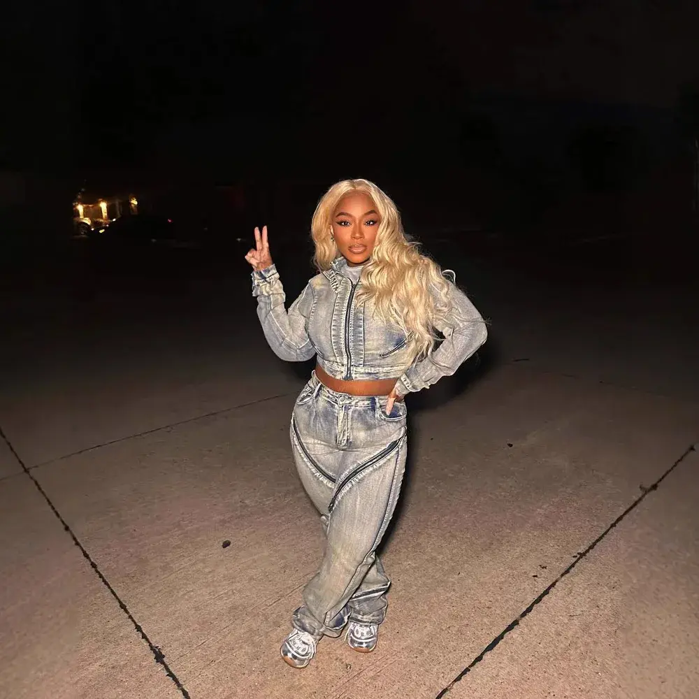 Denim Jacket Suit Women Streetwear Two Piece Sets Coat Zipper Pants Set Straight Jeans Washed Stretch Y2k 2025 Mom Jeans