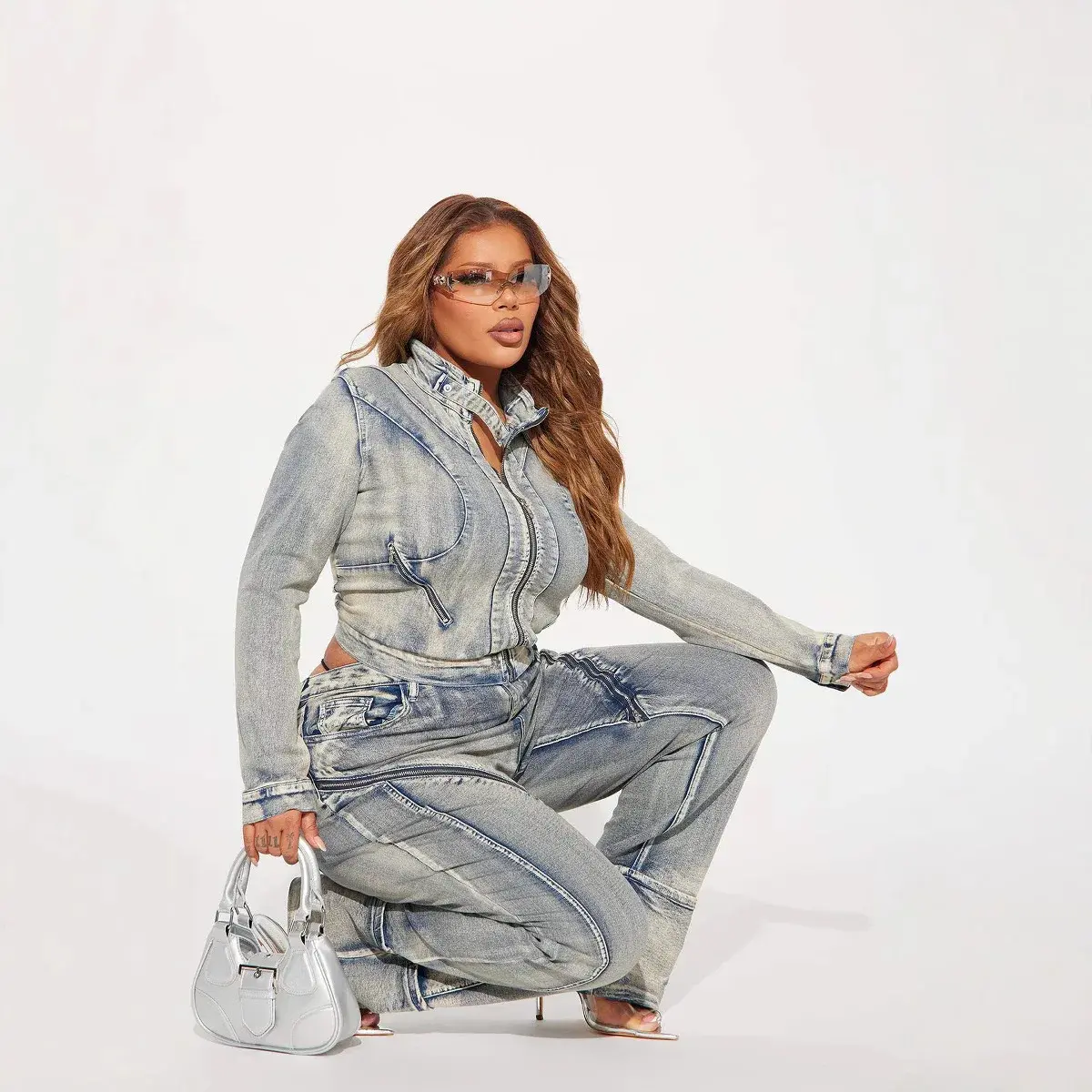 Denim Jacket Suit Women Streetwear Two Piece Sets Coat Zipper Pants Set Straight Jeans Washed Stretch Y2k 2025 Mom Jeans