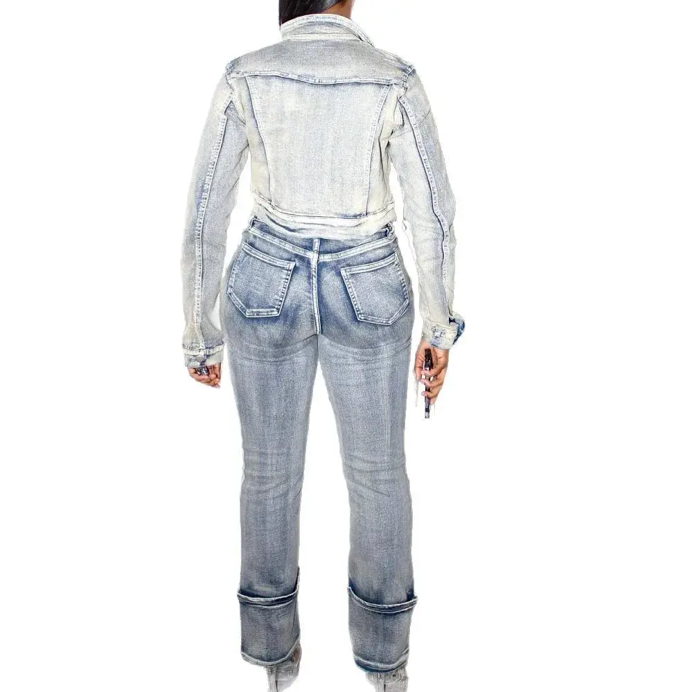 Denim Jacket Suit Women Streetwear Two Piece Sets Coat Zipper Pants Set Straight Jeans Washed Stretch Y2k 2025 Mom Jeans
