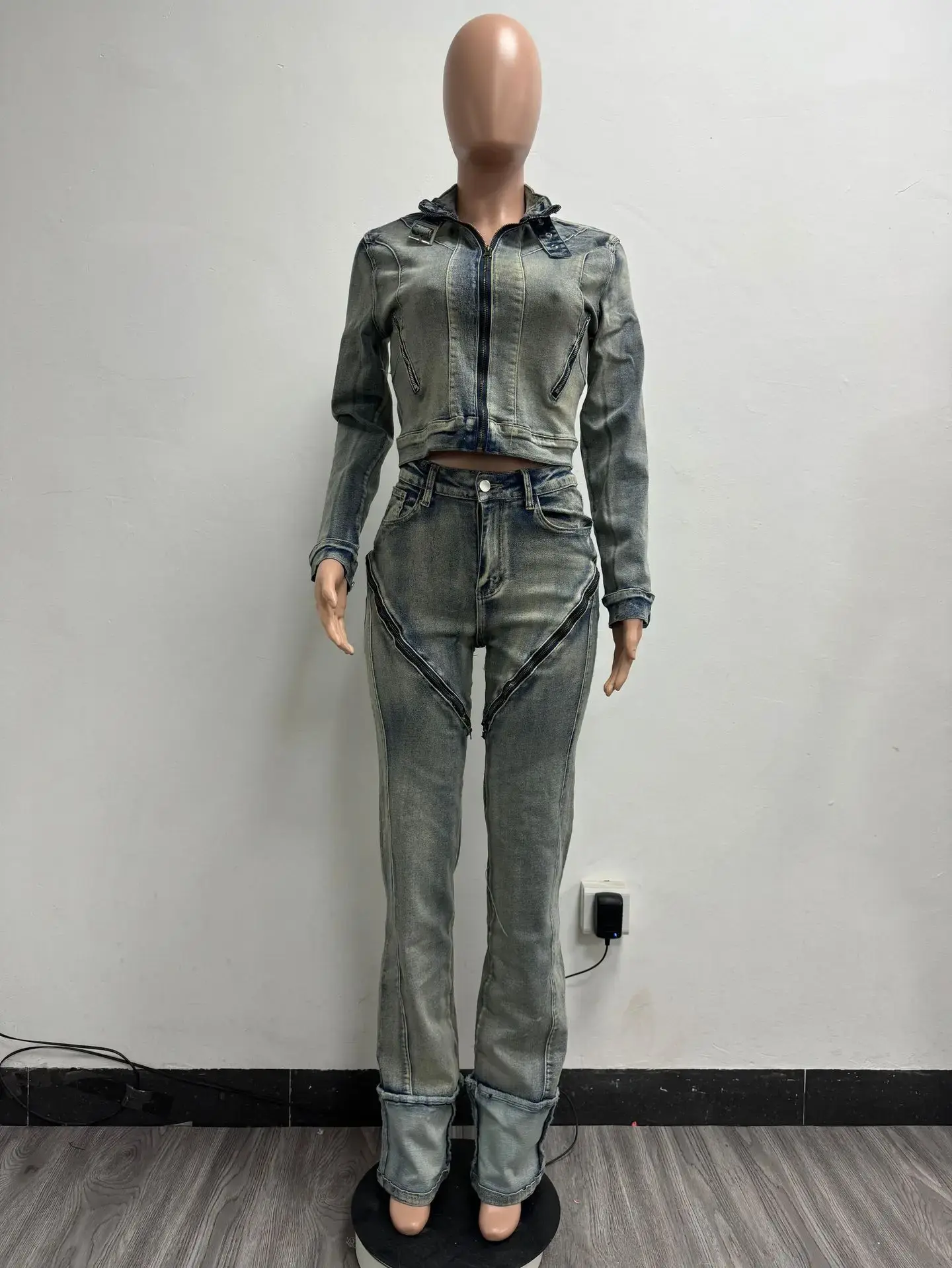 Denim Jacket Suit Women Streetwear Two Piece Sets Coat Zipper Pants Set Straight Jeans Washed Stretch Y2k 2025 Mom Jeans