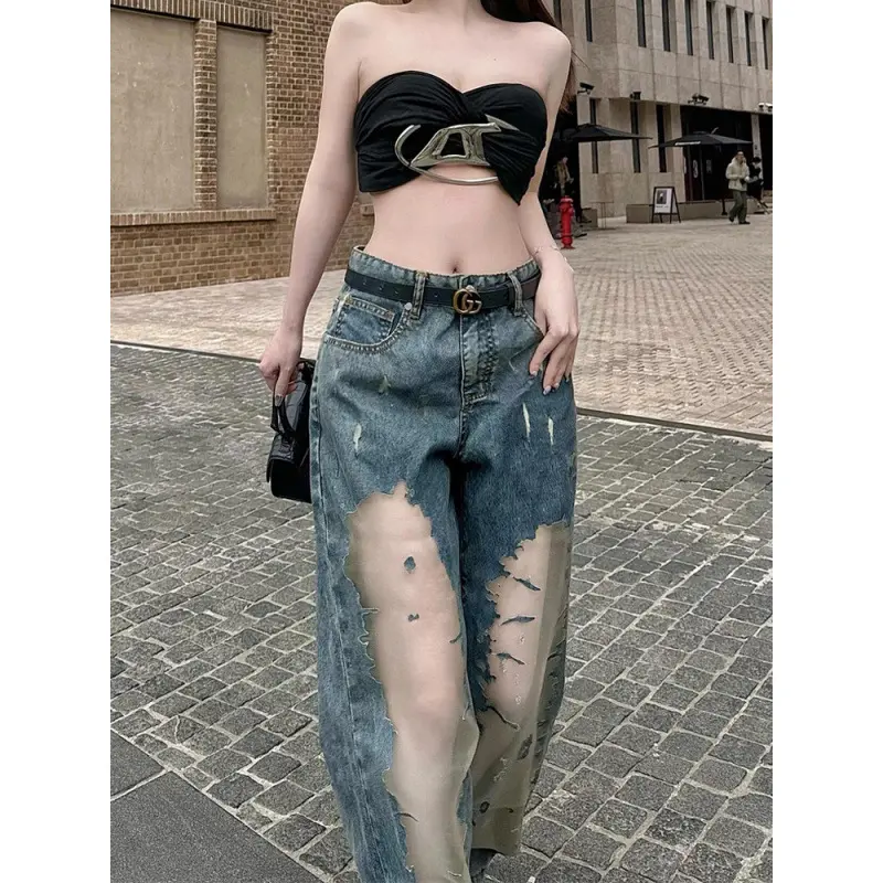 Jeans Women Wide Leg Pants Denim Floor Length Pant Hollow Out Hole High Waist Straight Trousers Y2k Streetwear Elegant Mom Jeans
