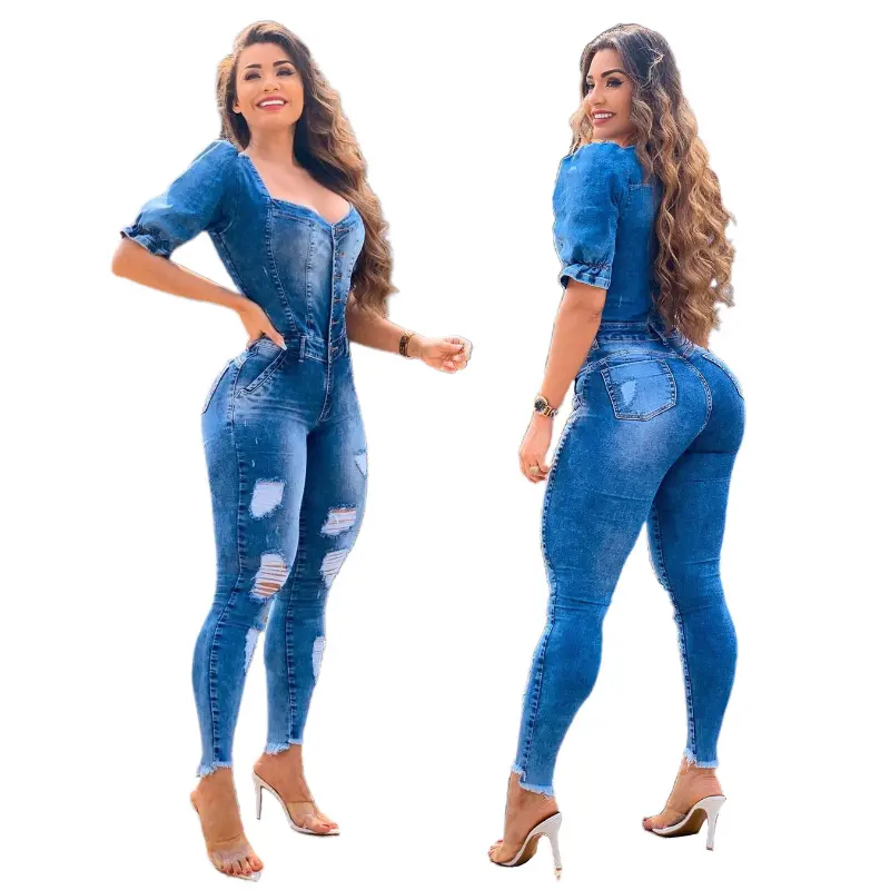 Jumpsuits Women Demin Overalls V Neck One Piece Long Pants Puff Sleeve Ruffles High Waist Streetwear Sexy Mom Jeans Rompers