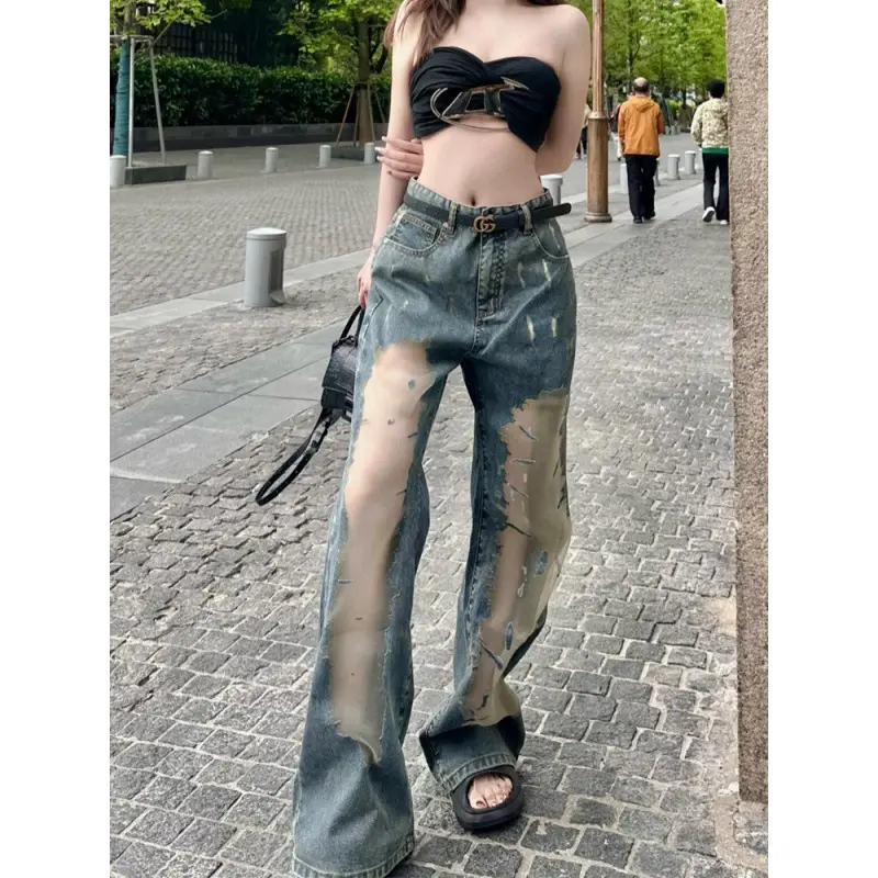 Jeans Women Wide Leg Pants Denim Floor Length Pant Hollow Out Hole High Waist Straight Trousers Y2k Streetwear Elegant Mom Jeans