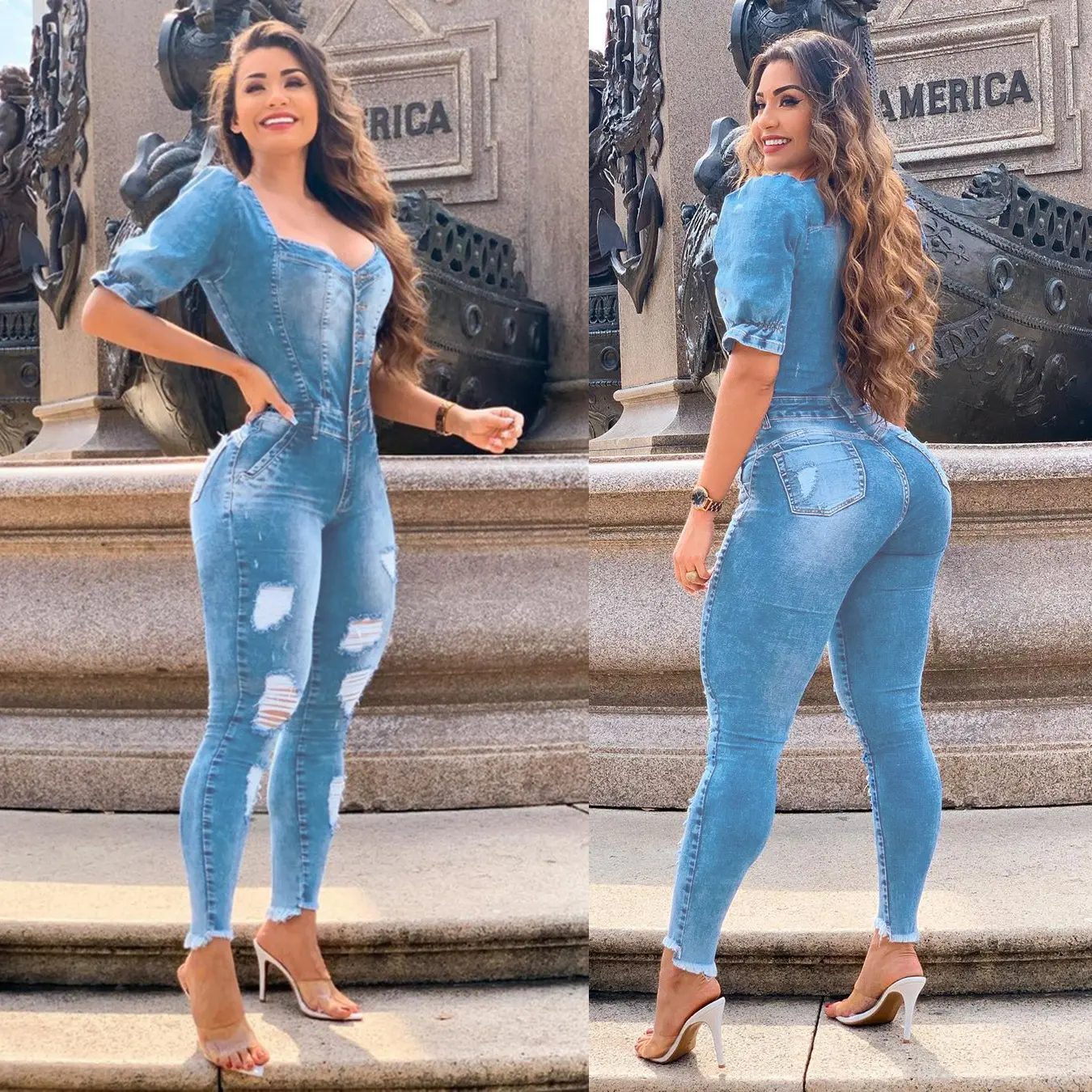 Jumpsuits Women Demin Overalls V Neck One Piece Long Pants Puff Sleeve Ruffles High Waist Streetwear Sexy Mom Jeans Rompers