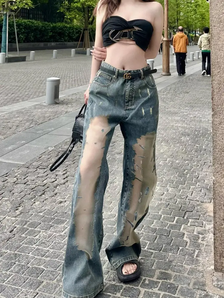 Jeans Women Wide Leg Pants Denim Floor Length Pant Hollow Out Hole High Waist Straight Trousers Y2k Streetwear Elegant Mom Jeans