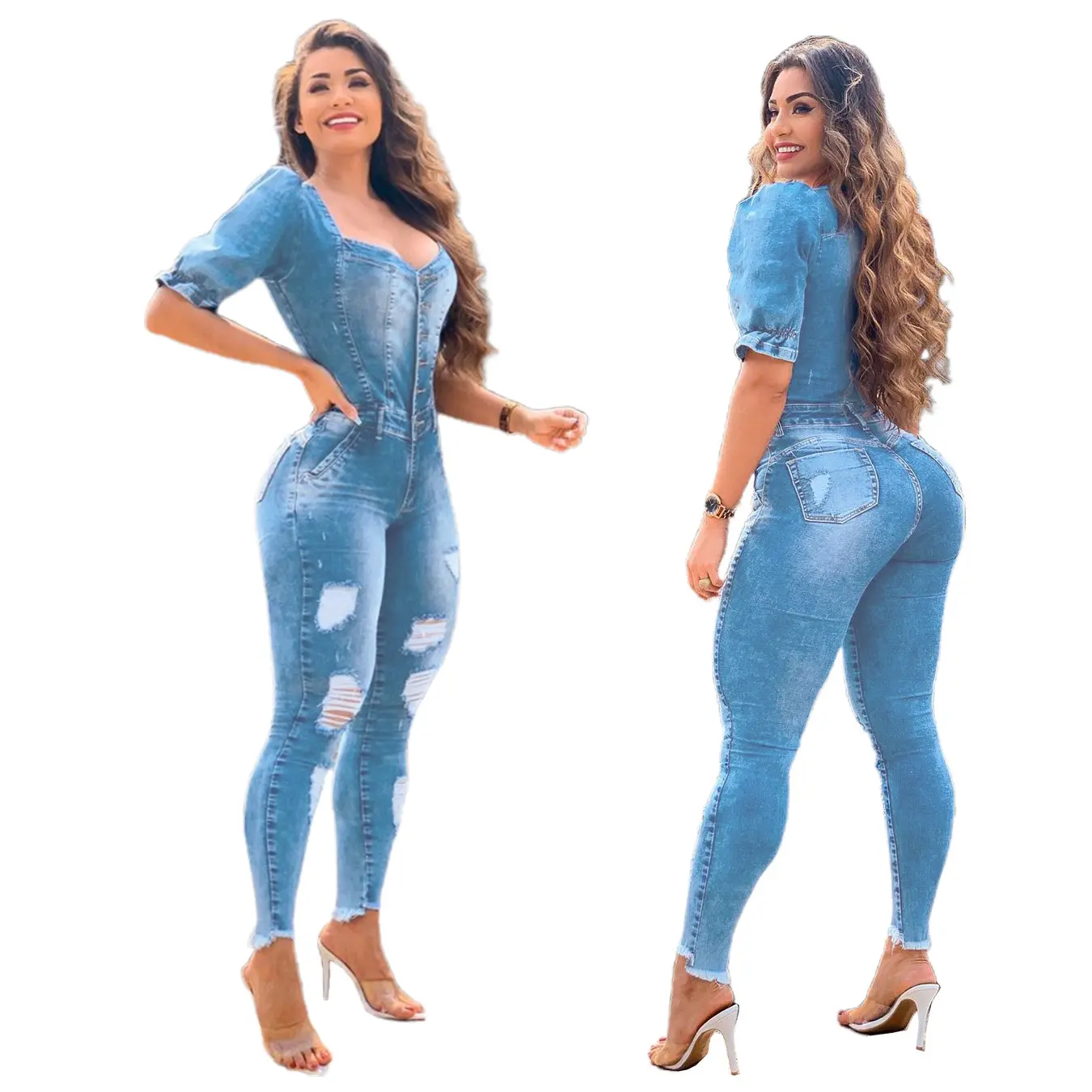 Jumpsuits Women Demin Overalls V Neck One Piece Long Pants Puff Sleeve Ruffles High Waist Streetwear Sexy Mom Jeans Rompers