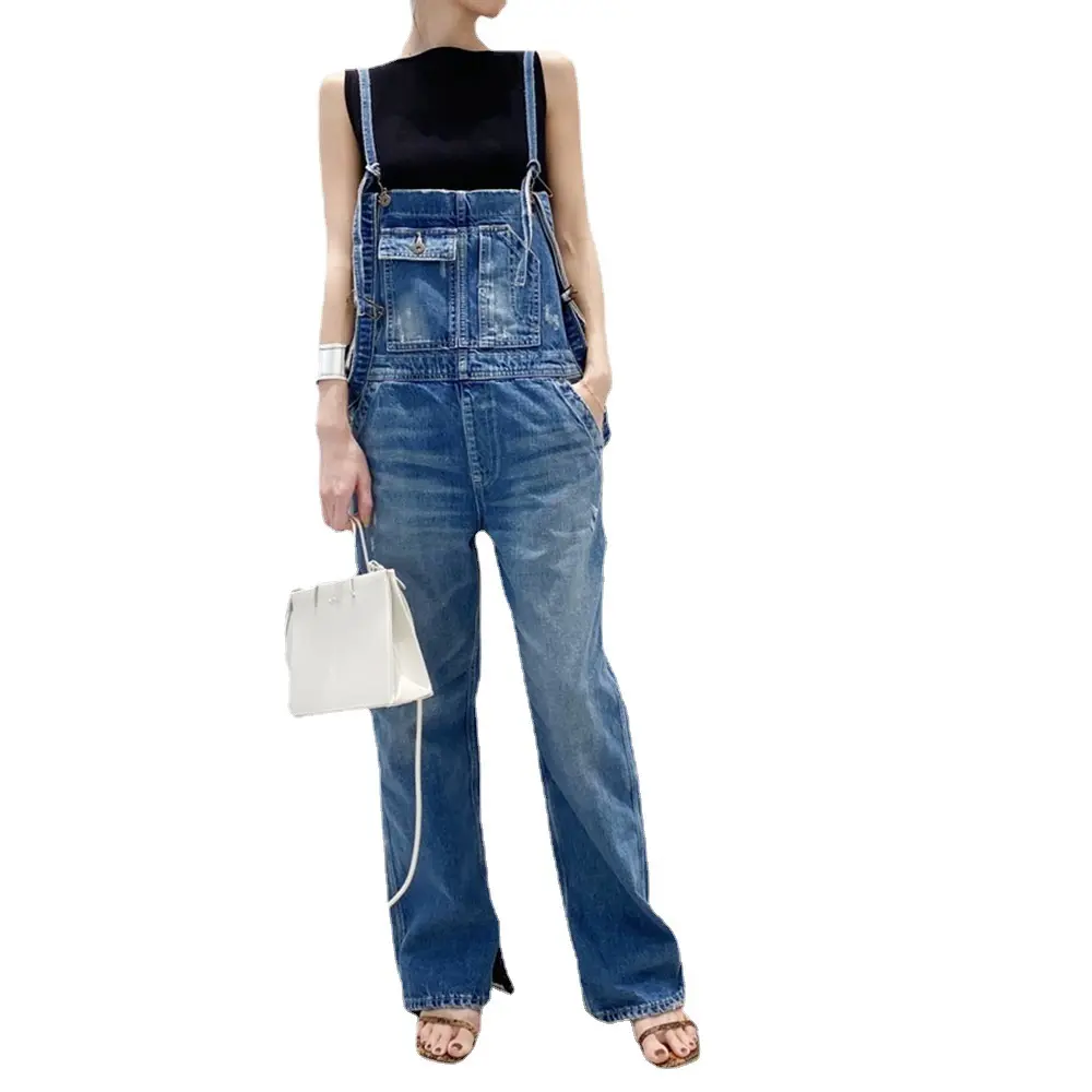 Overalls Vintage Spliced Washed Jeans Women Ankle Length Denim Straight Cargo Pants Jean Pockets Solid Basics 2024 Loose