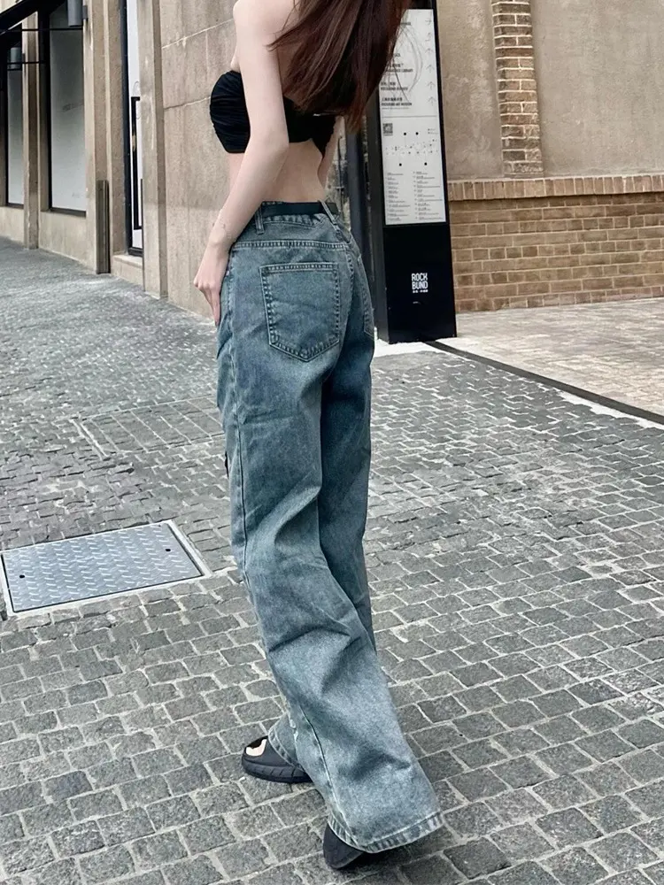 Jeans Women Wide Leg Pants Denim Floor Length Pant Hollow Out Hole High Waist Straight Trousers Y2k Streetwear Elegant Mom Jeans