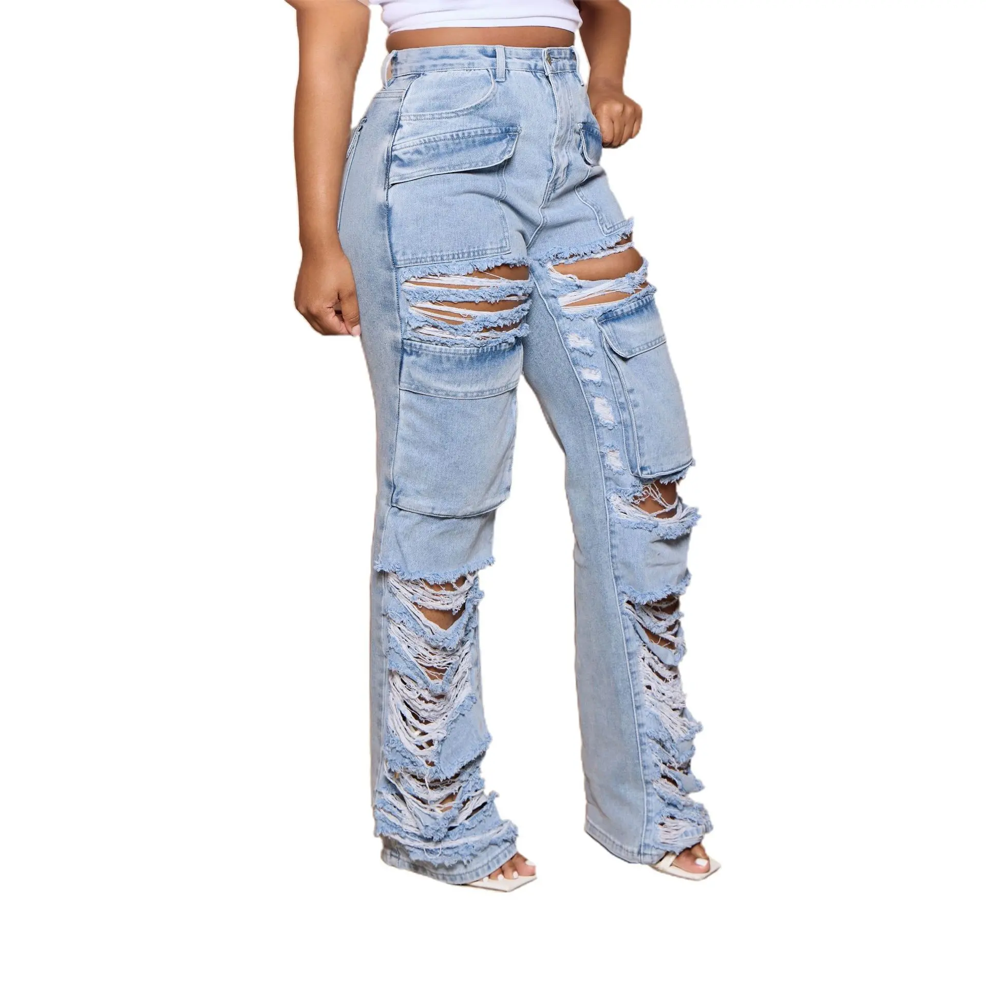 Y2K Holes Jeans Women High Waist Straight Trousers Button Zipper Pant Pocket Office Lady Skinny Summer Long Denim Streetwear