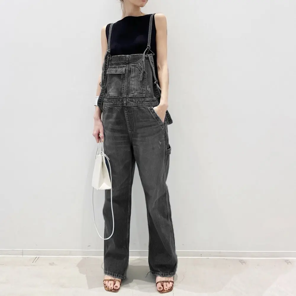 Overalls Vintage Spliced Washed Jeans Women Ankle Length Denim Straight Cargo Pants Jean Pockets Solid Basics 2024 Loose