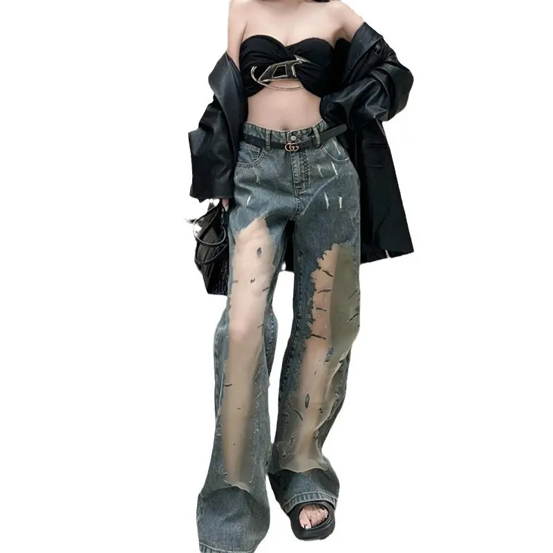 Jeans Women Wide Leg Pants Denim Floor Length Pant Hollow Out Hole High Waist Straight Trousers Y2k Streetwear Elegant Mom Jeans