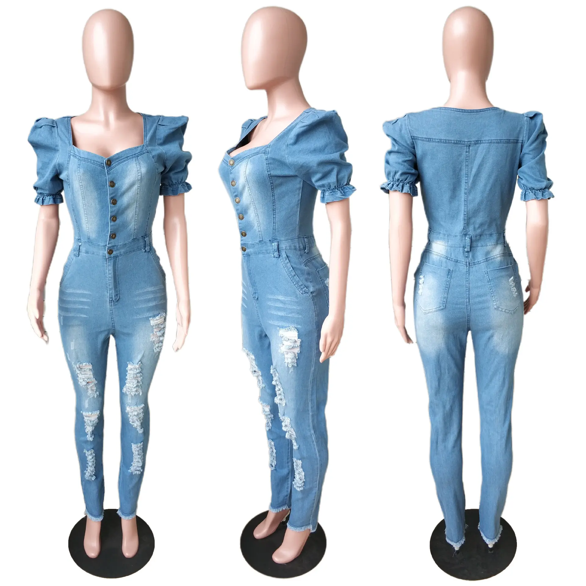 Jumpsuits Women Demin Overalls V Neck One Piece Long Pants Puff Sleeve Ruffles High Waist Streetwear Sexy Mom Jeans Rompers