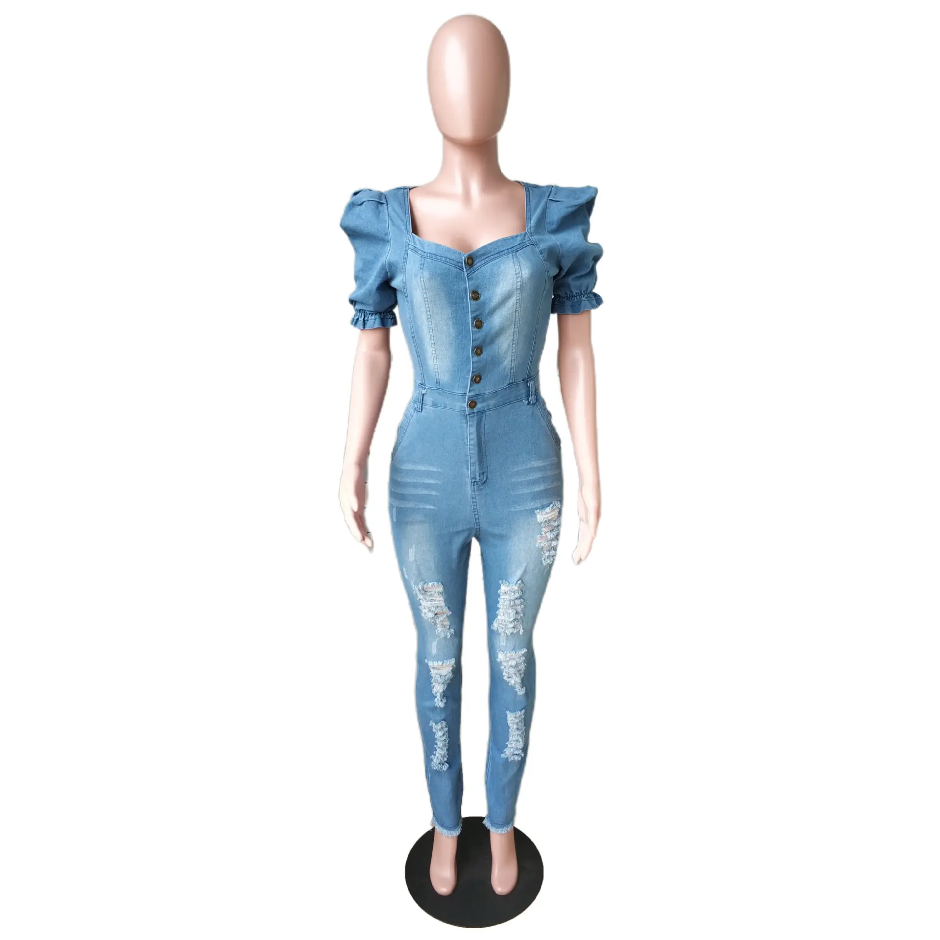 Jumpsuits Women Demin Overalls V Neck One Piece Long Pants Puff Sleeve Ruffles High Waist Streetwear Sexy Mom Jeans Rompers