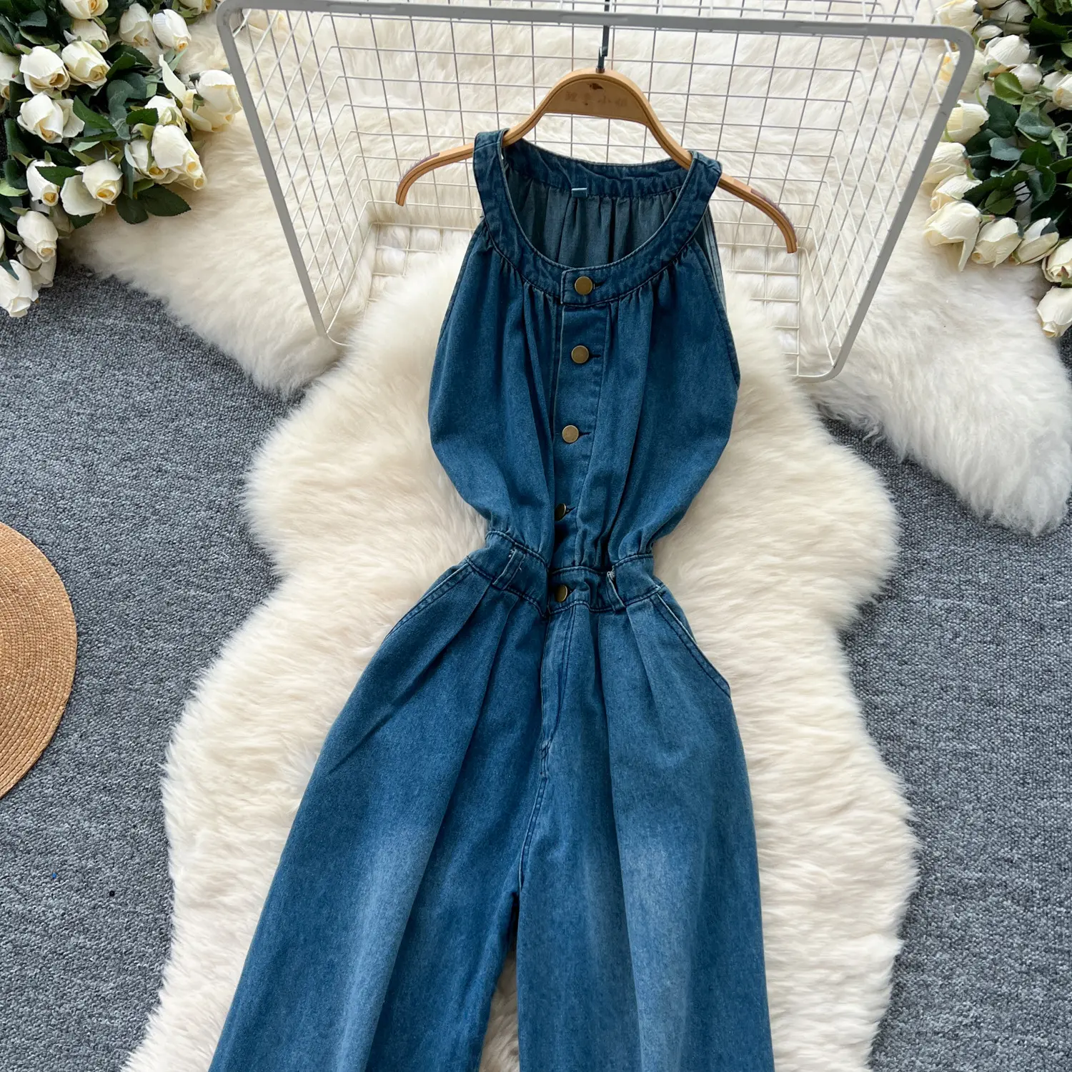 Jumpsuits Women One Piece Round Neck Wide Leg Overalls Long Pants High Waist Rompers Y2k Sleeveless Jumpsuit Party Night Club