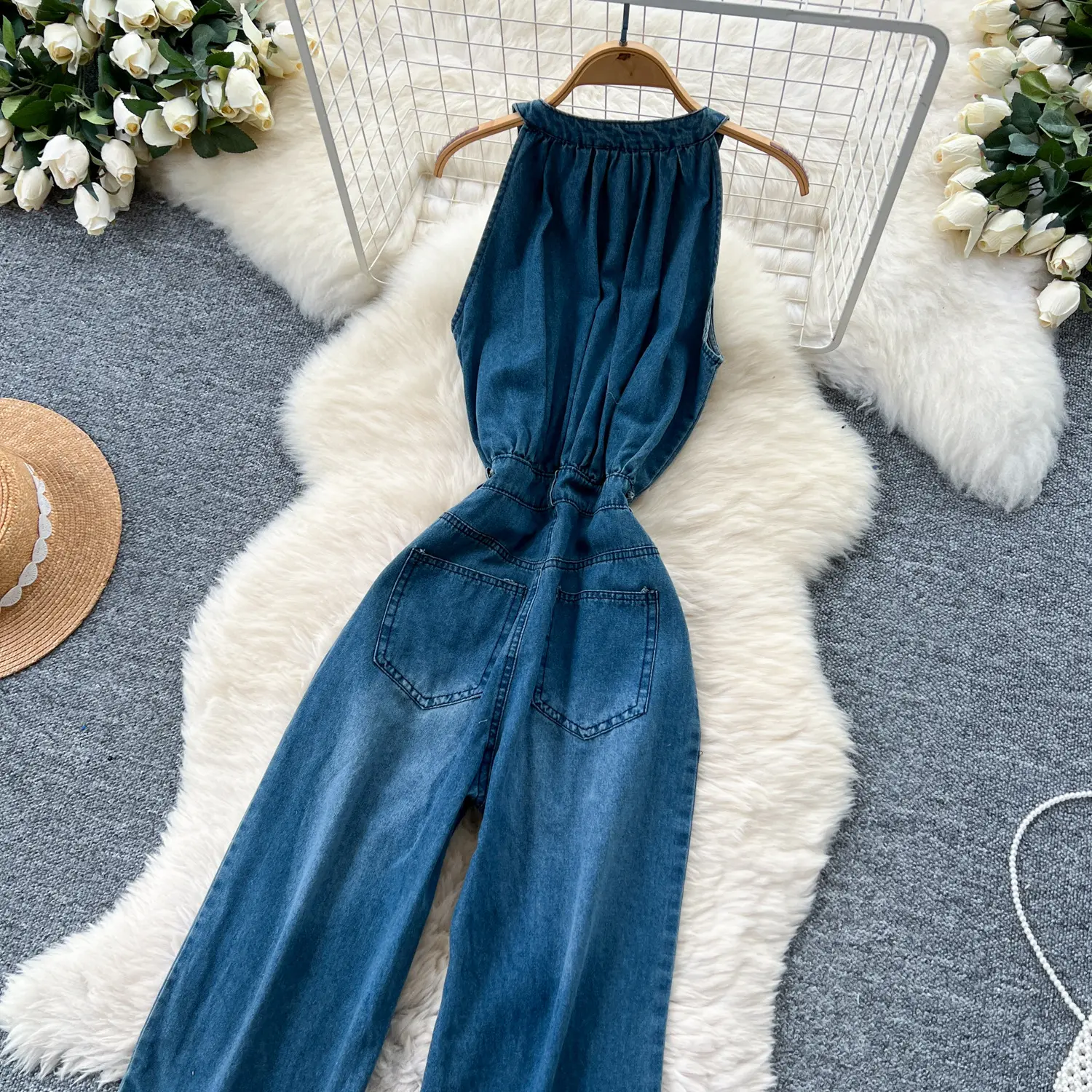 Jumpsuits Women One Piece Round Neck Wide Leg Overalls Long Pants High Waist Rompers Y2k Sleeveless Jumpsuit Party Night Club