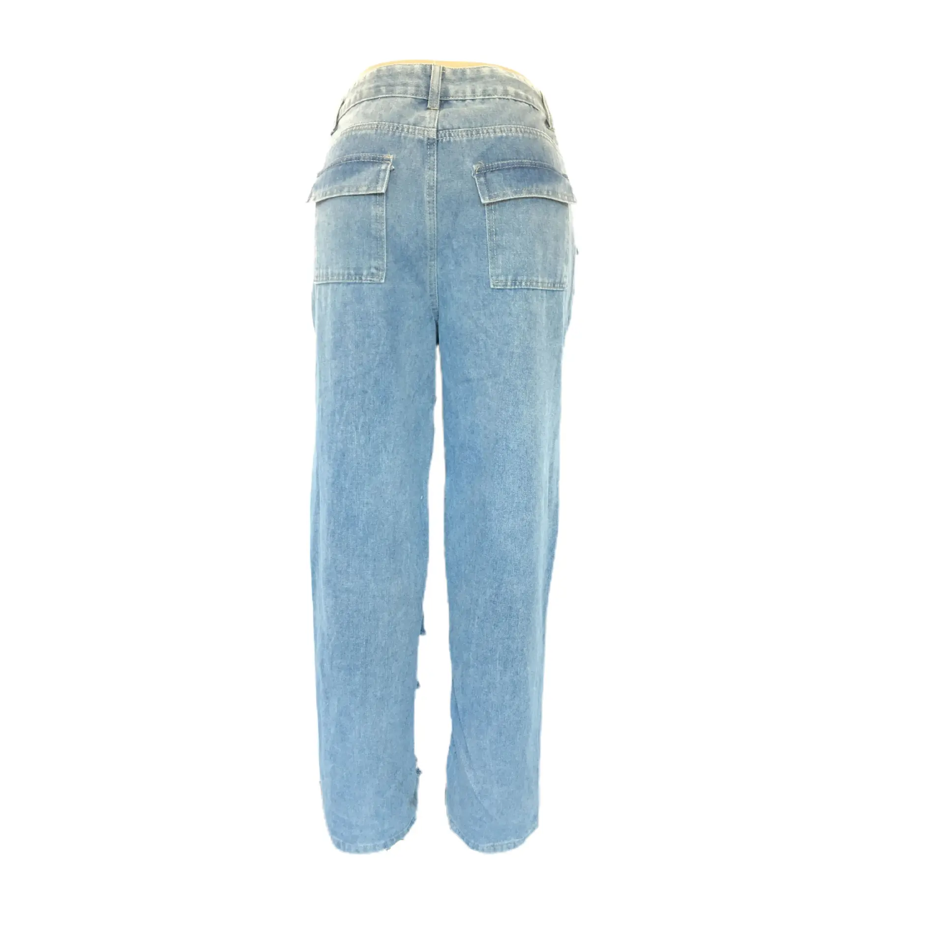 Y2K Holes Jeans Women High Waist Straight Trousers Button Zipper Pant Pocket Office Lady Skinny Summer Long Denim Streetwear