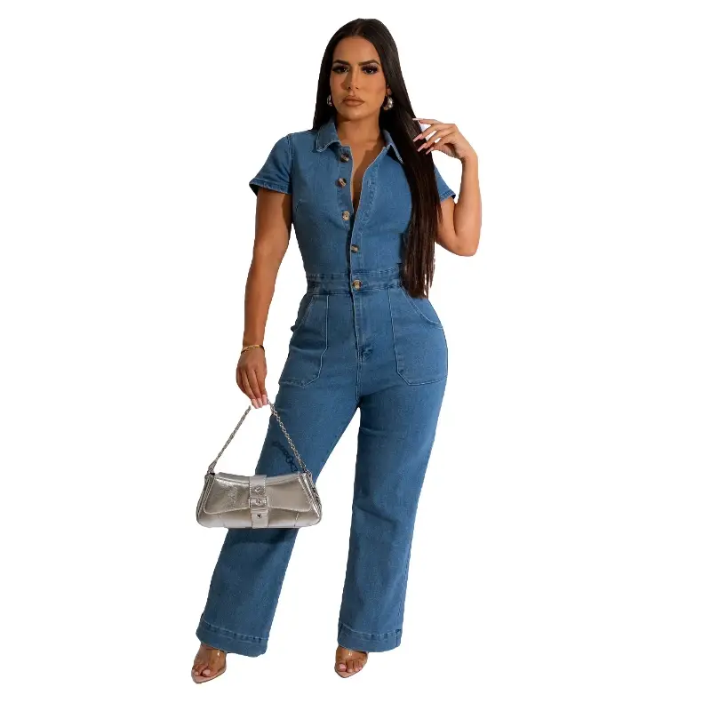 Demin Overalls Women Jumpsuits Wide Leg Pant One Piece Long Pants Mom Jeans Short Sleeve Y2k High Waist Rompers Party Club