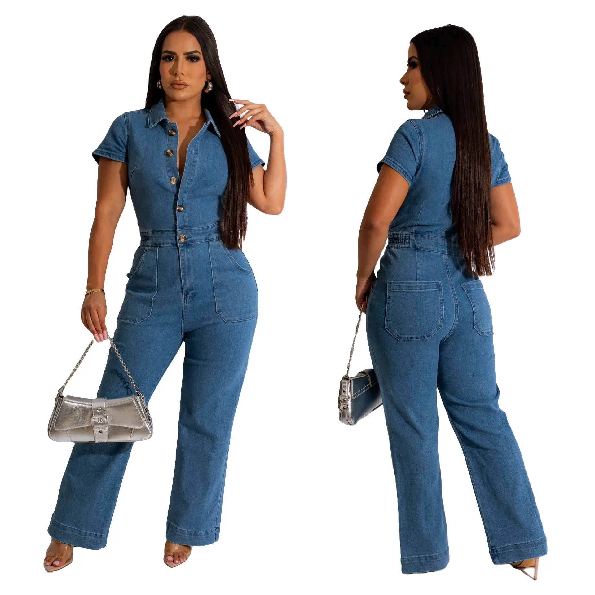Demin Overalls Women Jumpsuits Wide Leg Pant One Piece Long Pants Mom Jeans Short Sleeve Y2k High Waist Rompers Party Club