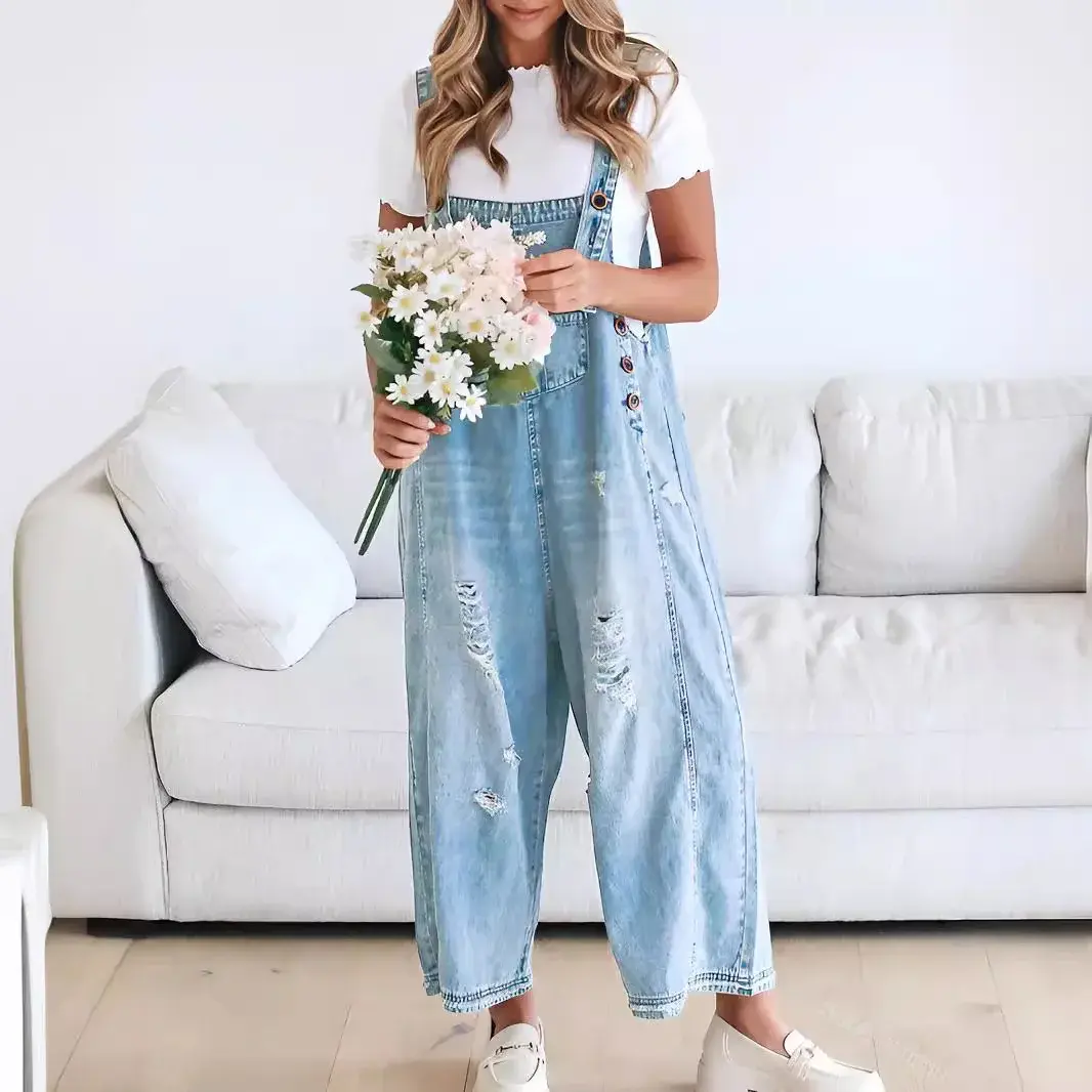 Hole Jeans Overalls Women Jumpsuits Washed Denim Ankle Length Trousers One Piece Y2k Streetwear Pockets Casual Ripped Suspenders