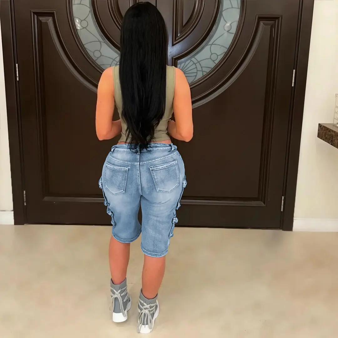 Denim Women Pant Half Length Mom Jeans Wide Leg Pants High Waist Straight Trousers Y2k Streetwear Pocket Splice Casual Loose