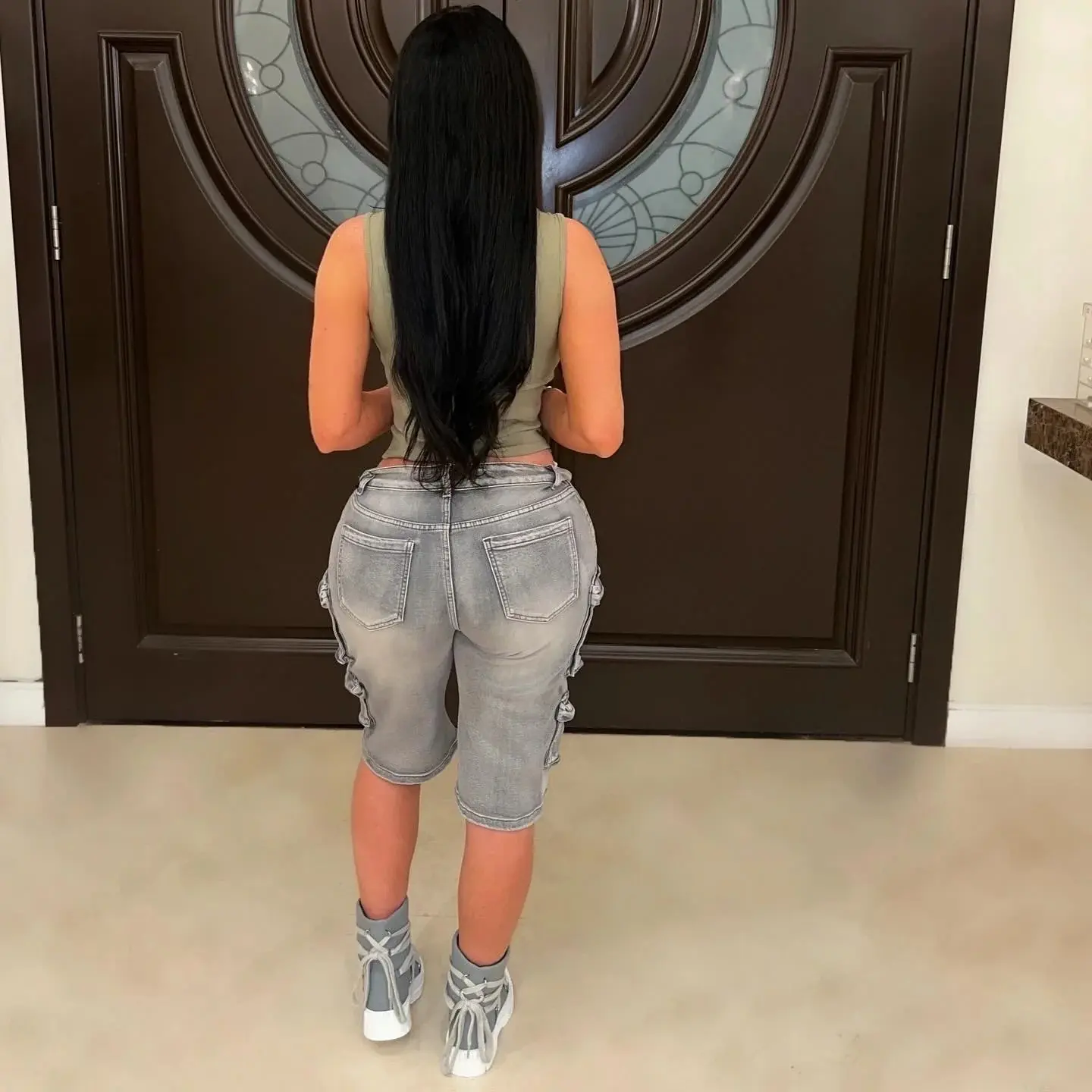 Denim Women Pant Half Length Mom Jeans Wide Leg Pants High Waist Straight Trousers Y2k Streetwear Pocket Splice Casual Loose