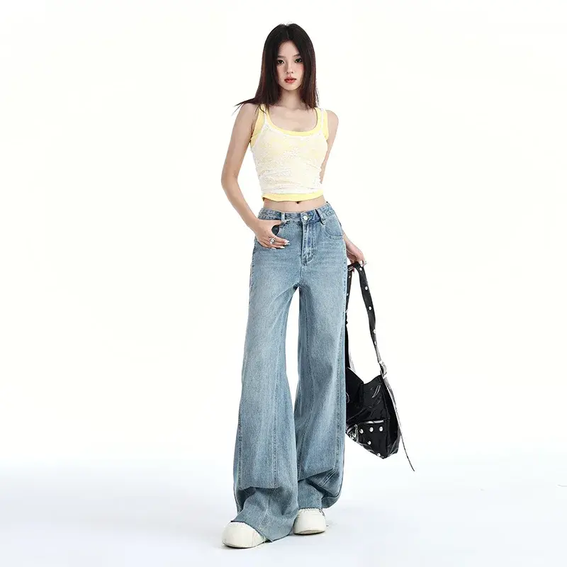 Straight Jeans Women Wide Leg Pants Trousers Vintage High Waist Washed Y2k Mom Pockets 2025 Streetwear Denim Floor Length