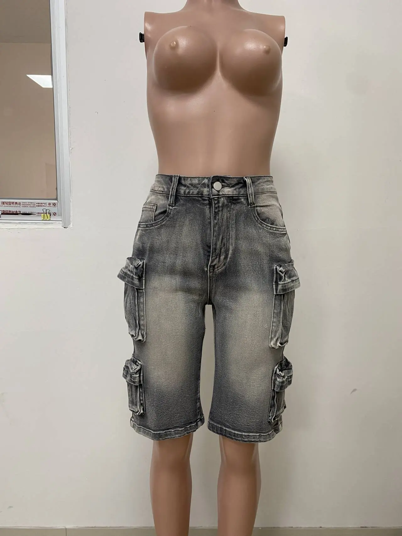 Denim Women Pant Half Length Mom Jeans Wide Leg Pants High Waist Straight Trousers Y2k Streetwear Pocket Splice Casual Loose