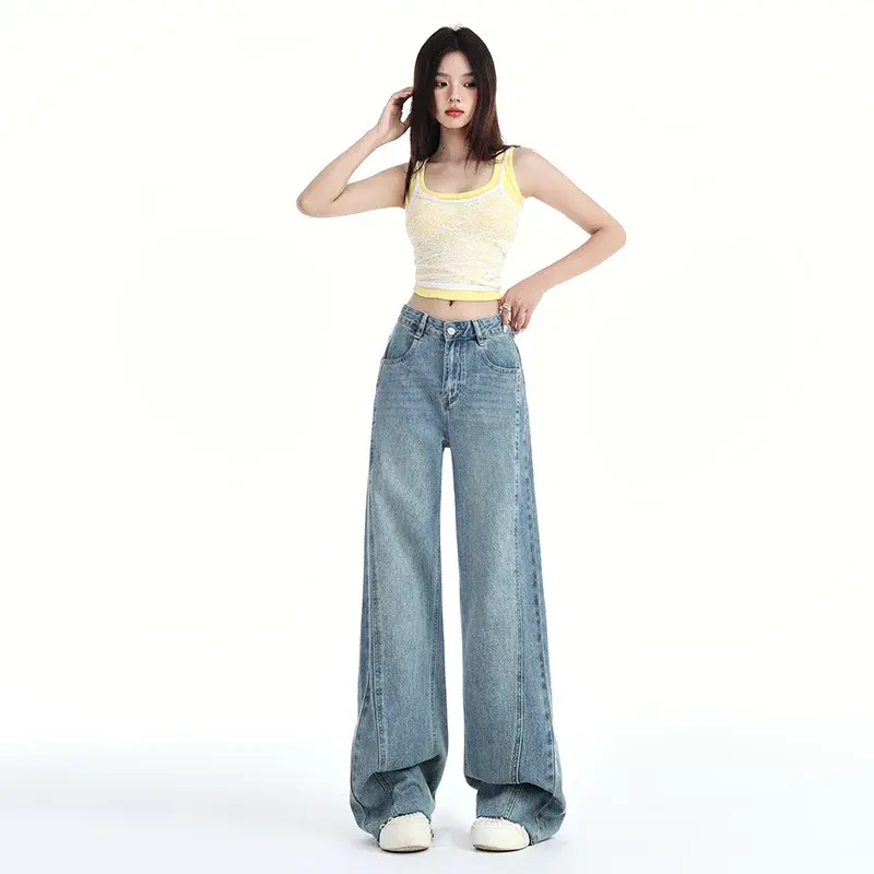 Straight Jeans Women Wide Leg Pants Trousers Vintage High Waist Washed Y2k Mom Pockets 2025 Streetwear Denim Floor Length