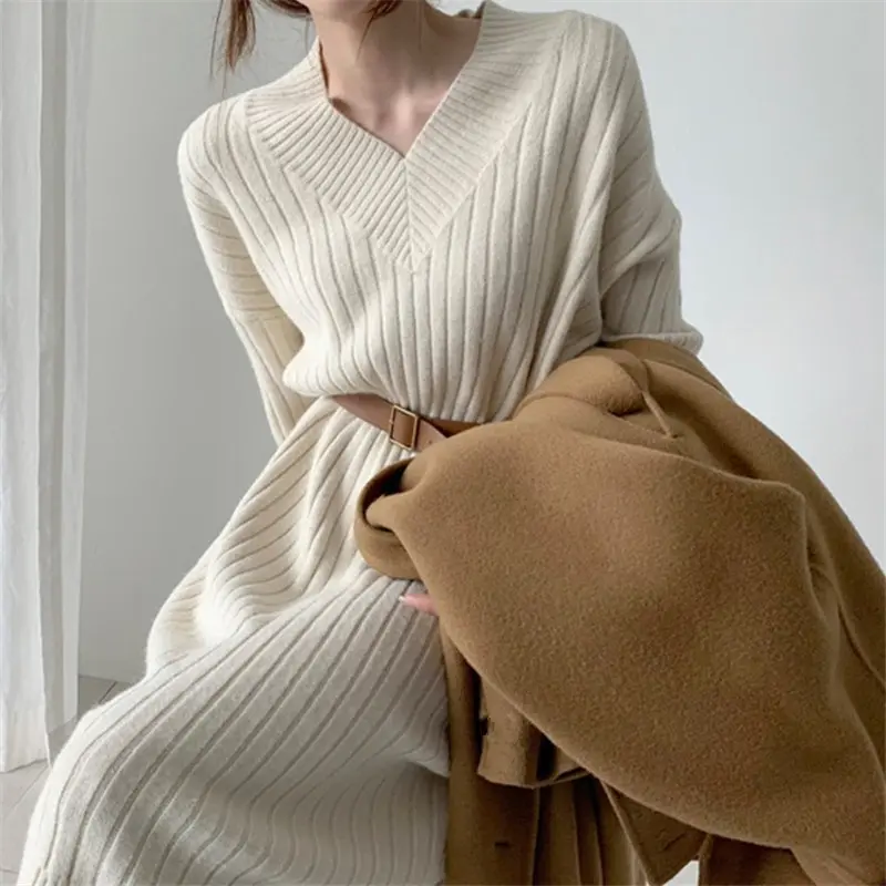 Autumn Winter V Neck Knit Warm Solid Color Dress Women Straight Vestidos Slim Long Sleeve Knitted Sweater Dresses Elegant